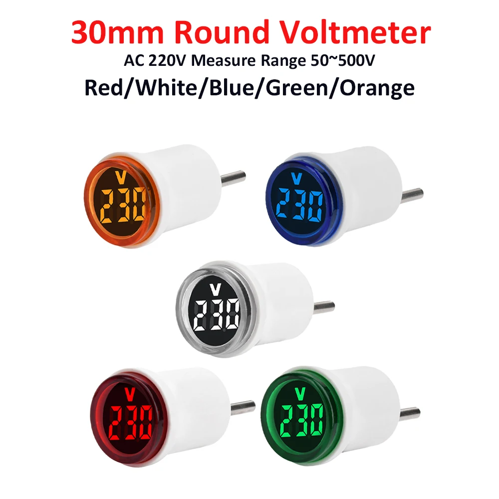 AC 220V Measure Range 50~500V Voltmeter 30mm Round EU Plug LED Digital AC Voltage Indicator Power Line Voltage Test Monitor