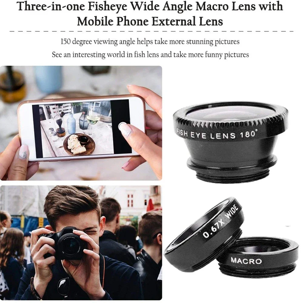 Fish Eye Lens 3 in 1 Zoom Fisheye Macro Lenzen Camera Kits 0.67X Groothoek Met Clip Universeel Lens voor iPhone Xiaomi Huawei