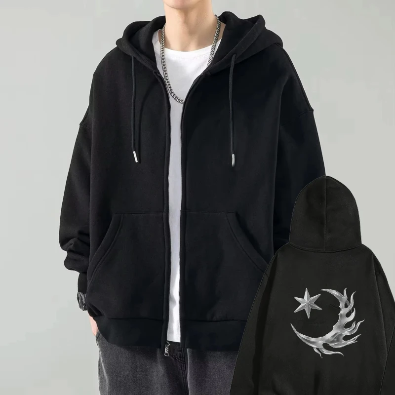 

Мужская куртка с капюшоном Black Moon Star Flame Print Повседневная уличная толстовка с капюшоном для повседневной носки и активного отдыха