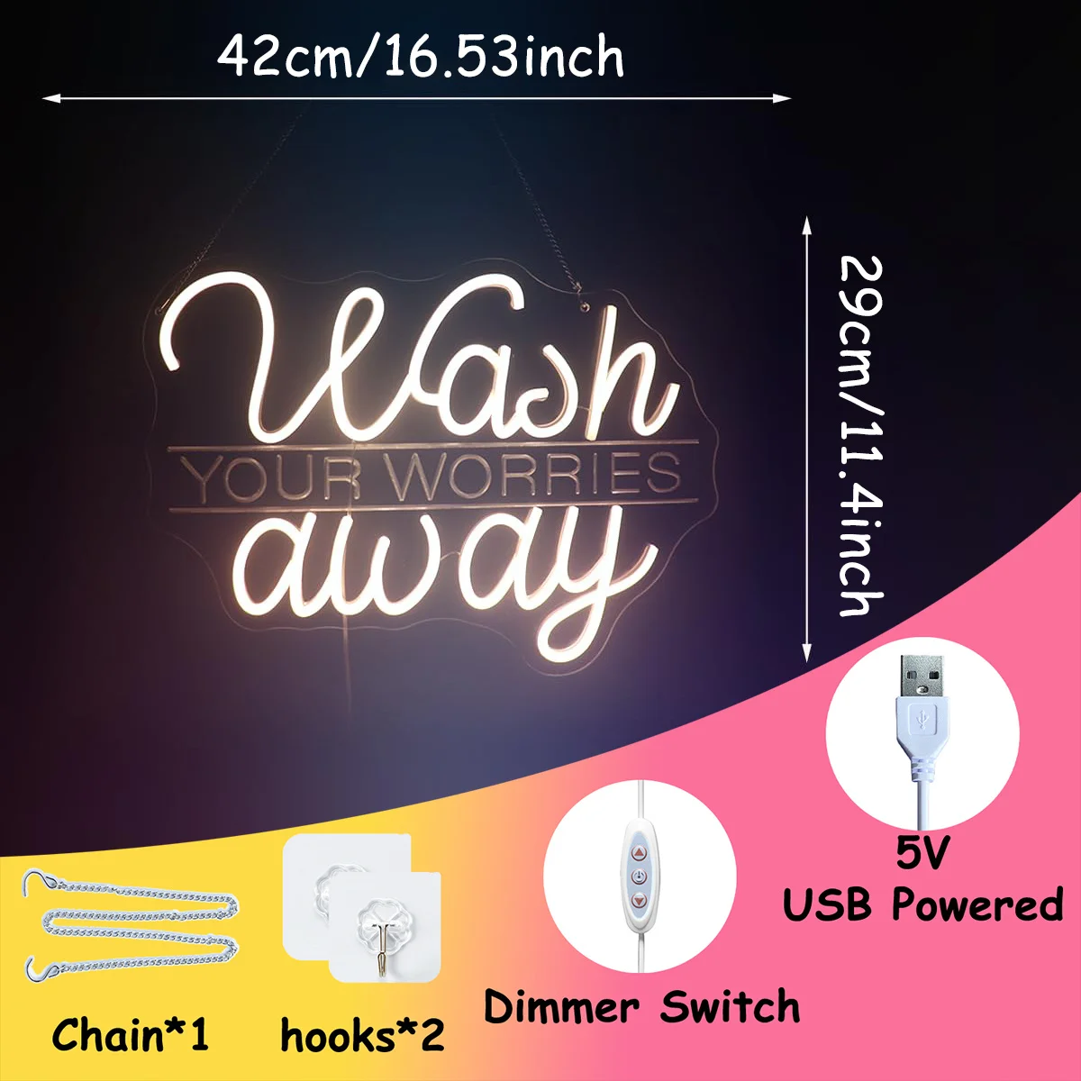 Wash YOUR WORRIES away LED Neon, USB Powered Dimmable LED Neon, Fit SPA, Meditation Room, Bedroom Wall Art