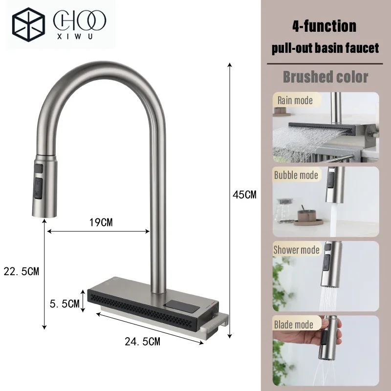 Luxury Gunmetal Brass LED Digital Display Kitchen Faucet 1 Hole Pull-out with 2 Modes Ceramic Valve Core Hot&cold Water Sink Tap