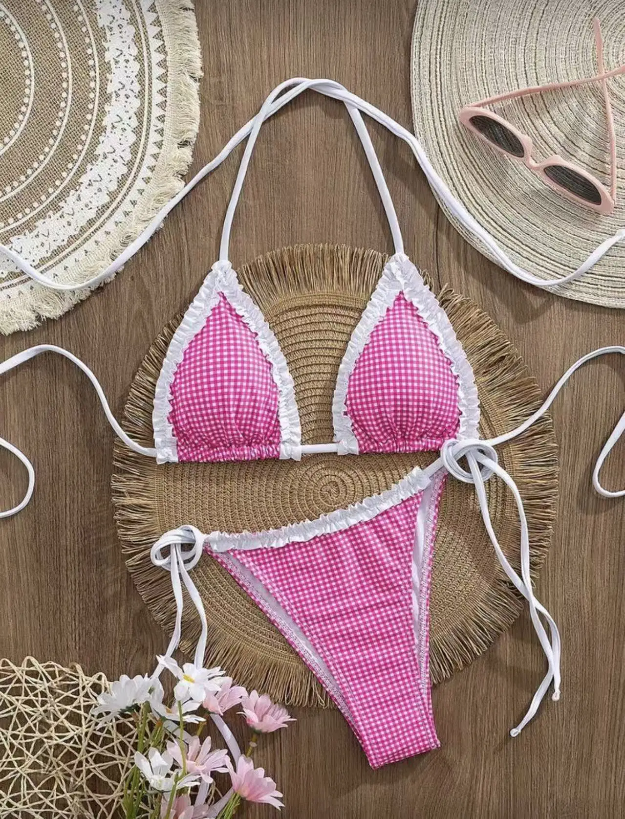 sexy white lace plaid micro bikinis sets two pieces white halter back tie swimsuits bathing suit swimwear biquini tankini
