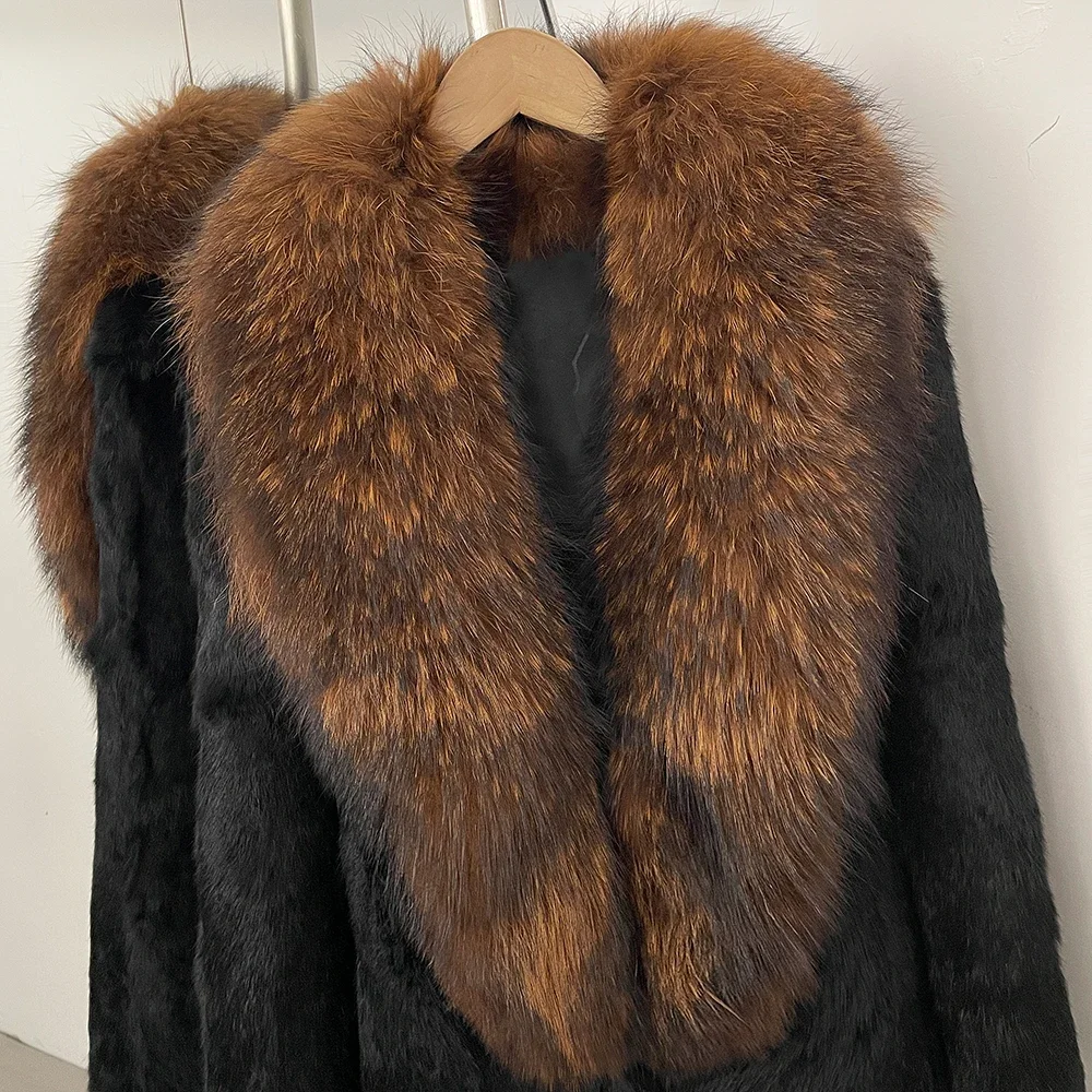 OFTBUY Neue Luxuriöse Vollpelz-Winterjacke für Damen, Mittellanger Echtkaninchenfellmantel, Übergroßer Echtfellkragen aus Waschbär- und Fuchsfell – Detail 4