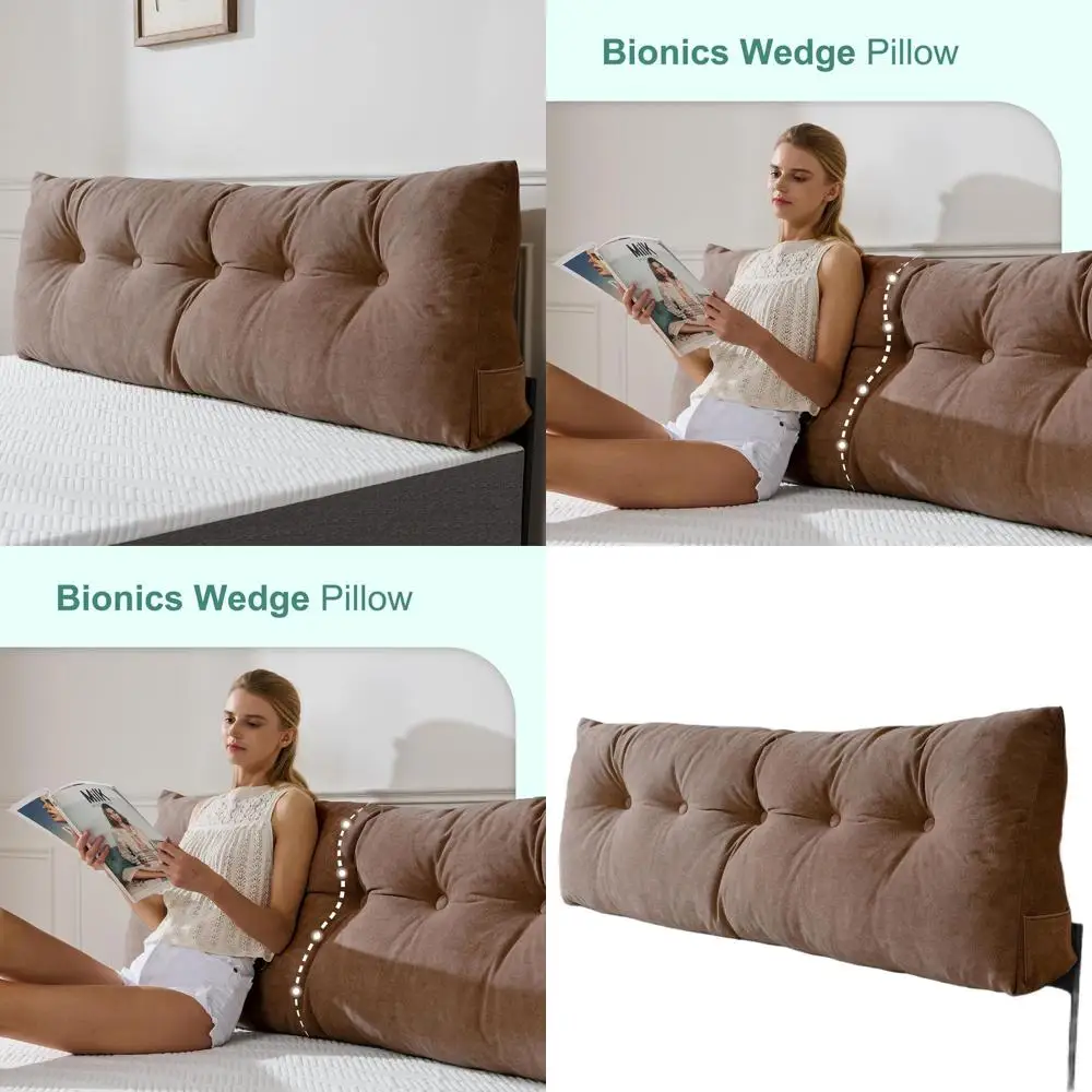 

Triangular Wedge Pillow Headboard - Removable Cover, Side Pockets, Ideal for Reading and TV, Light Brown Twin, 39x8x20