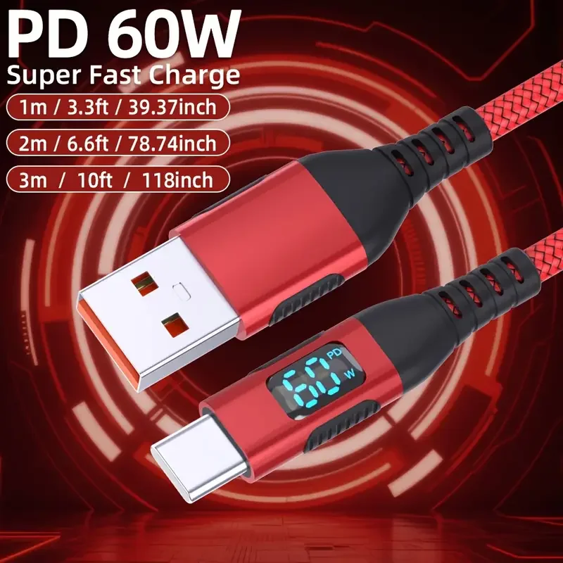 60W USB A to Type C Fast Charging Cable Digital Display Charger Oxygen Free Copper Core Durable Cable for iPhone 15 16 Samsung