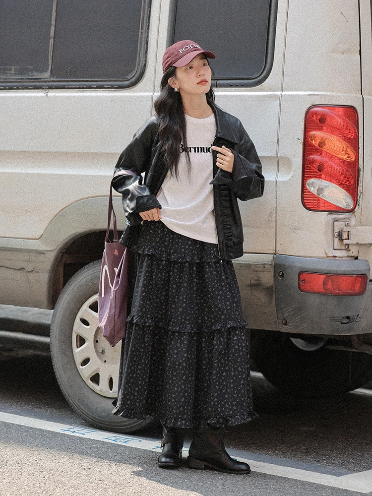 Zwart leren jack dames motorjas met rits, losse pasvorm, lange mouwen, kraag, bovenkleding, modieus voorjaar, nieuwe collectie