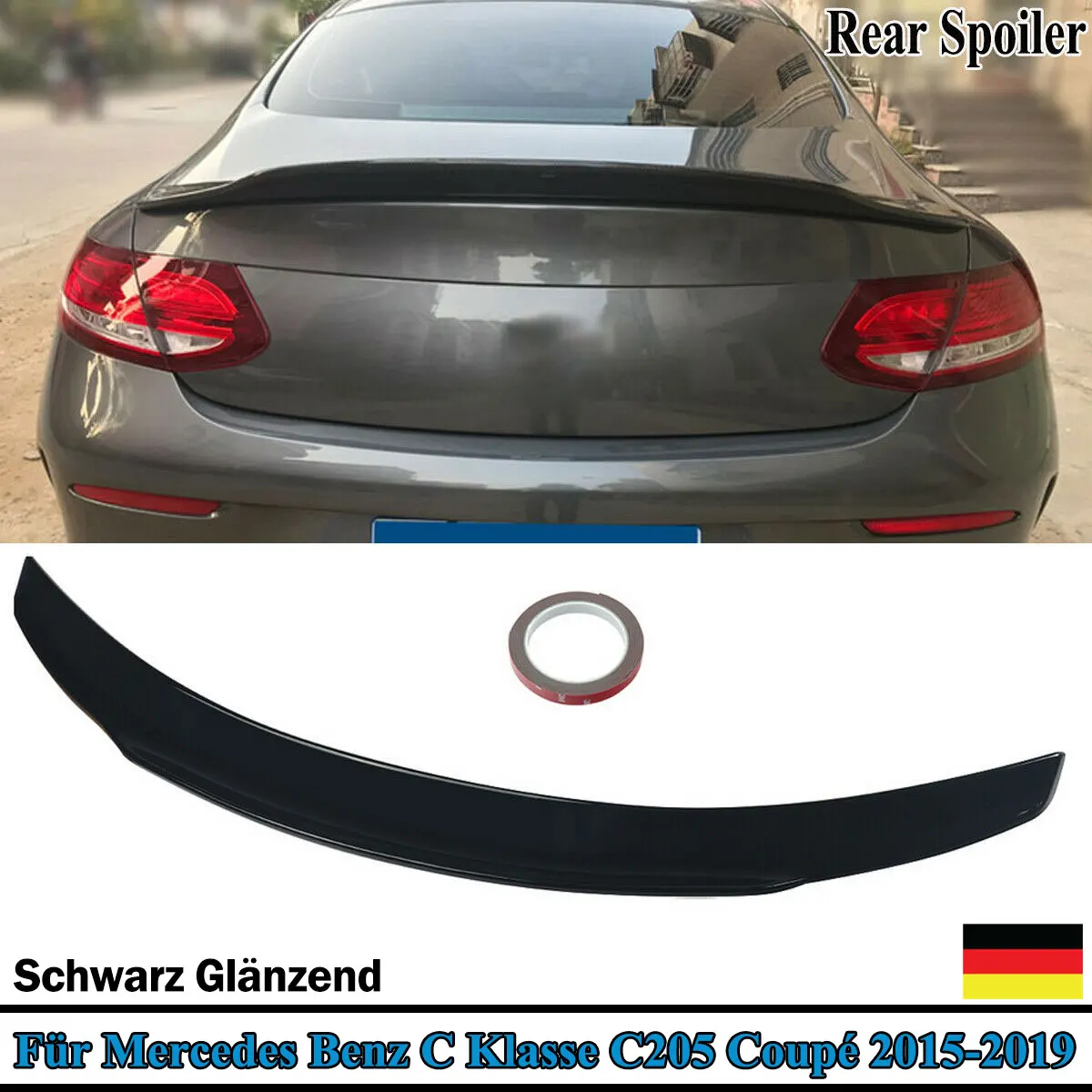 Für Mercedes C-Klasse C205 C180 C220D C300 C400 Coupé 2015-2021 PSM-Style Heckspoiler RENNTECH Heckklappenspoiler Lippe Hochglanz Schwarz