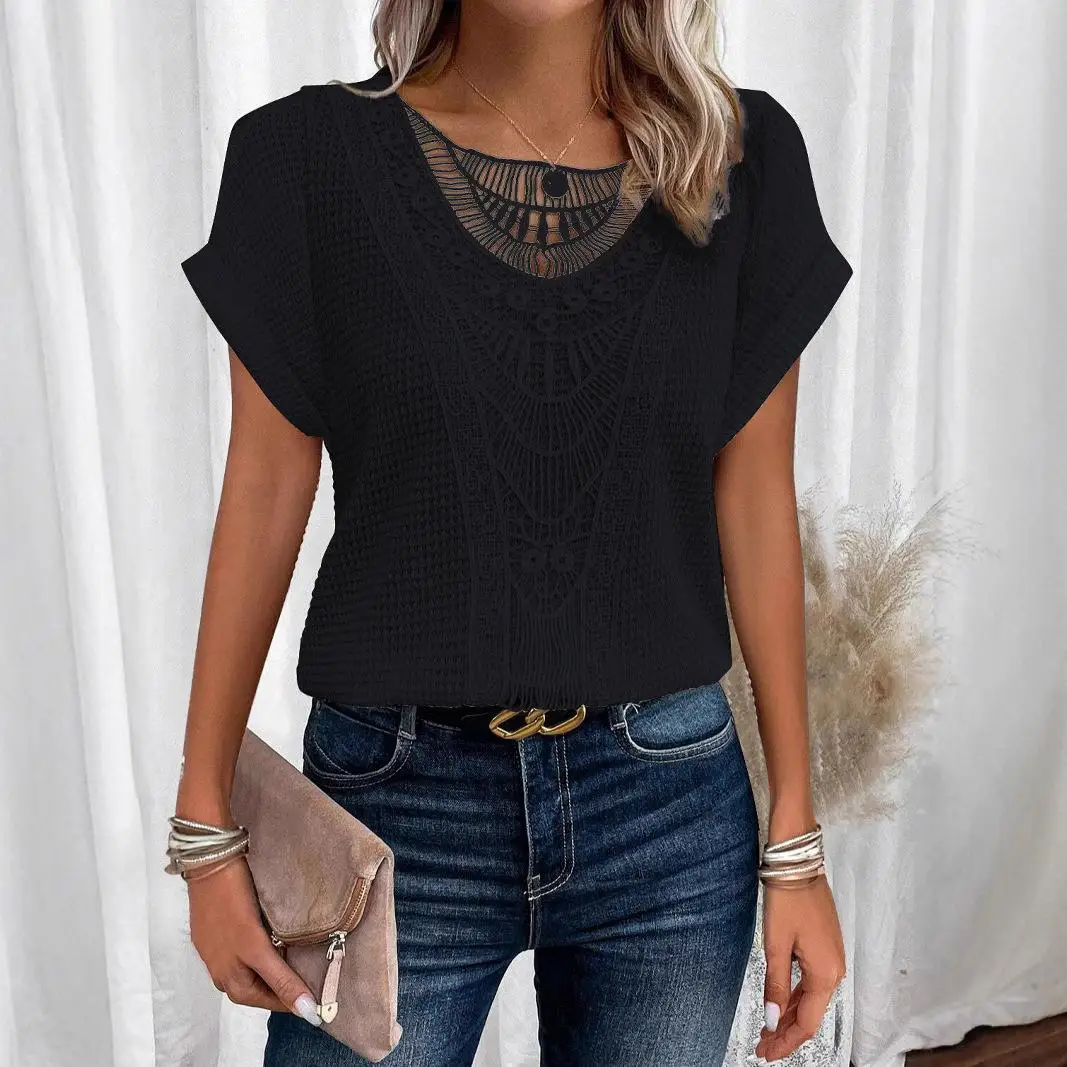 Spring Summer 2025 New Independent Station Lace Splicing Short Sleeve T Shirt Cross Border Women's Loose Fit Polyester Fiber