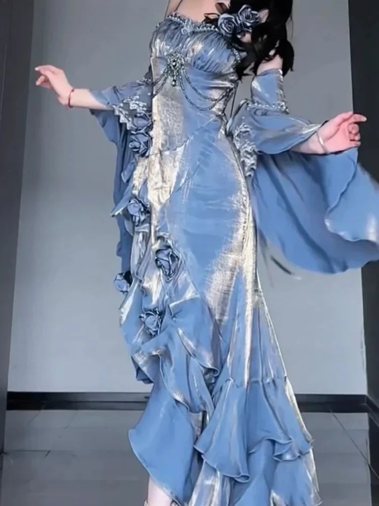 

Blue Lolita Fishtail Dress Women's High Waist Slim Elegant Irregular Long Dress Lady Gothic Dress with Sleeve Spring dedede