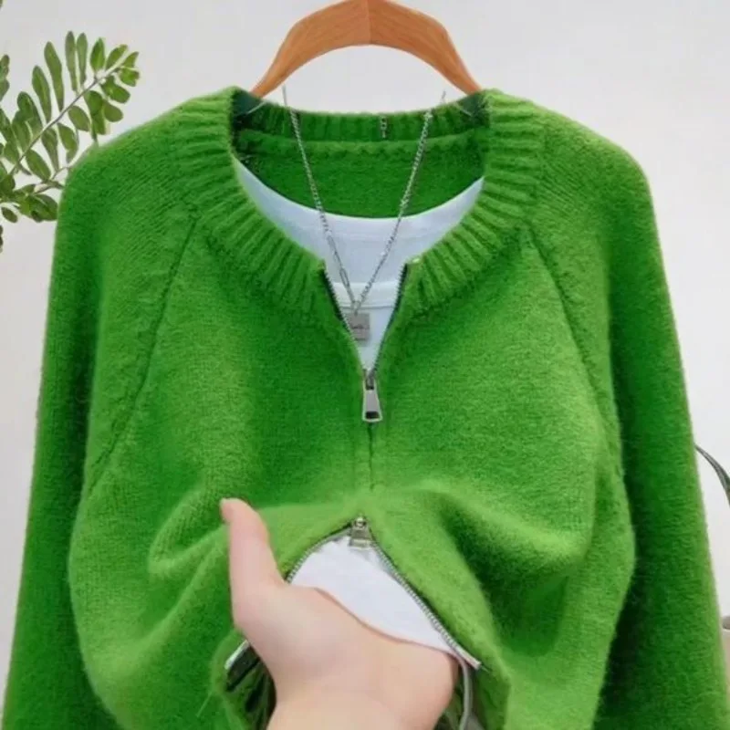 

Women's Models Fairy Autumn Winter Knitted Cardigan Sweater Zipper Pure Color Thickening Casual Loose Soft Versatile Vintage
