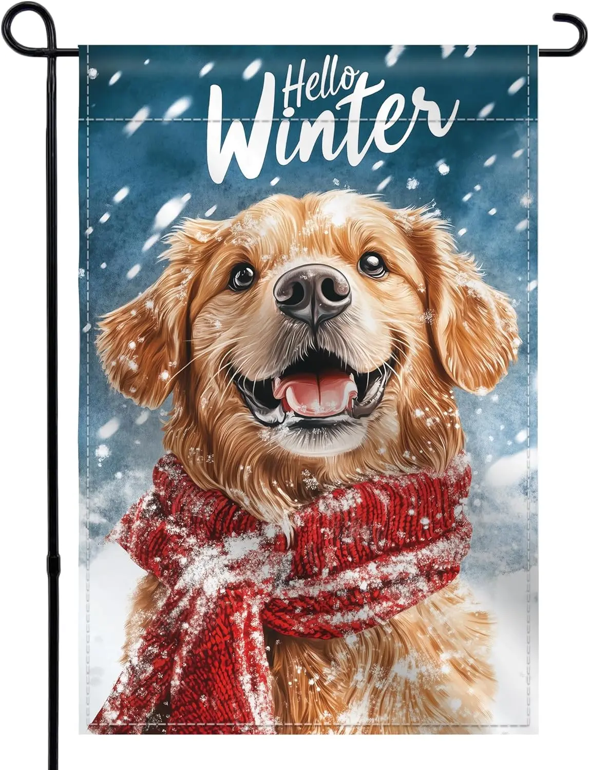 Bandera de jardín de invierno con copos de nieve y Golden Retriever con bufanda roja, bandera de bienvenida de doble cara de 12x18 pulgadas para la temporada de invierno nevado WZZ