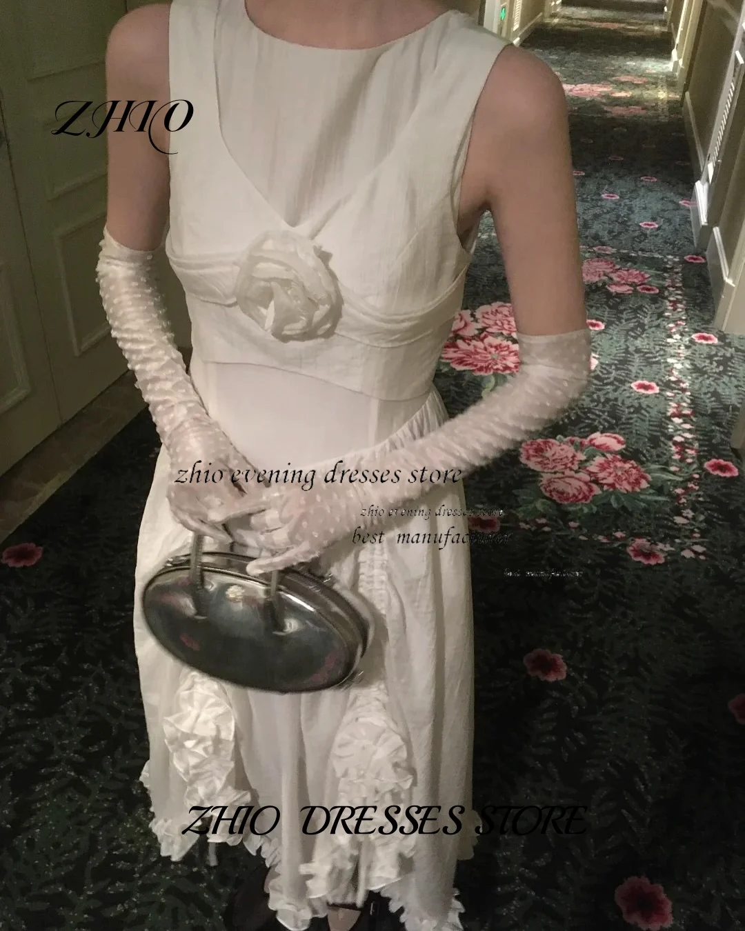 ZHIO Elegant White Ruffle Korean Wedding Dress Chiffon Round Neck Sleeveless Customized Trailing Length Fit Wedding Engagement