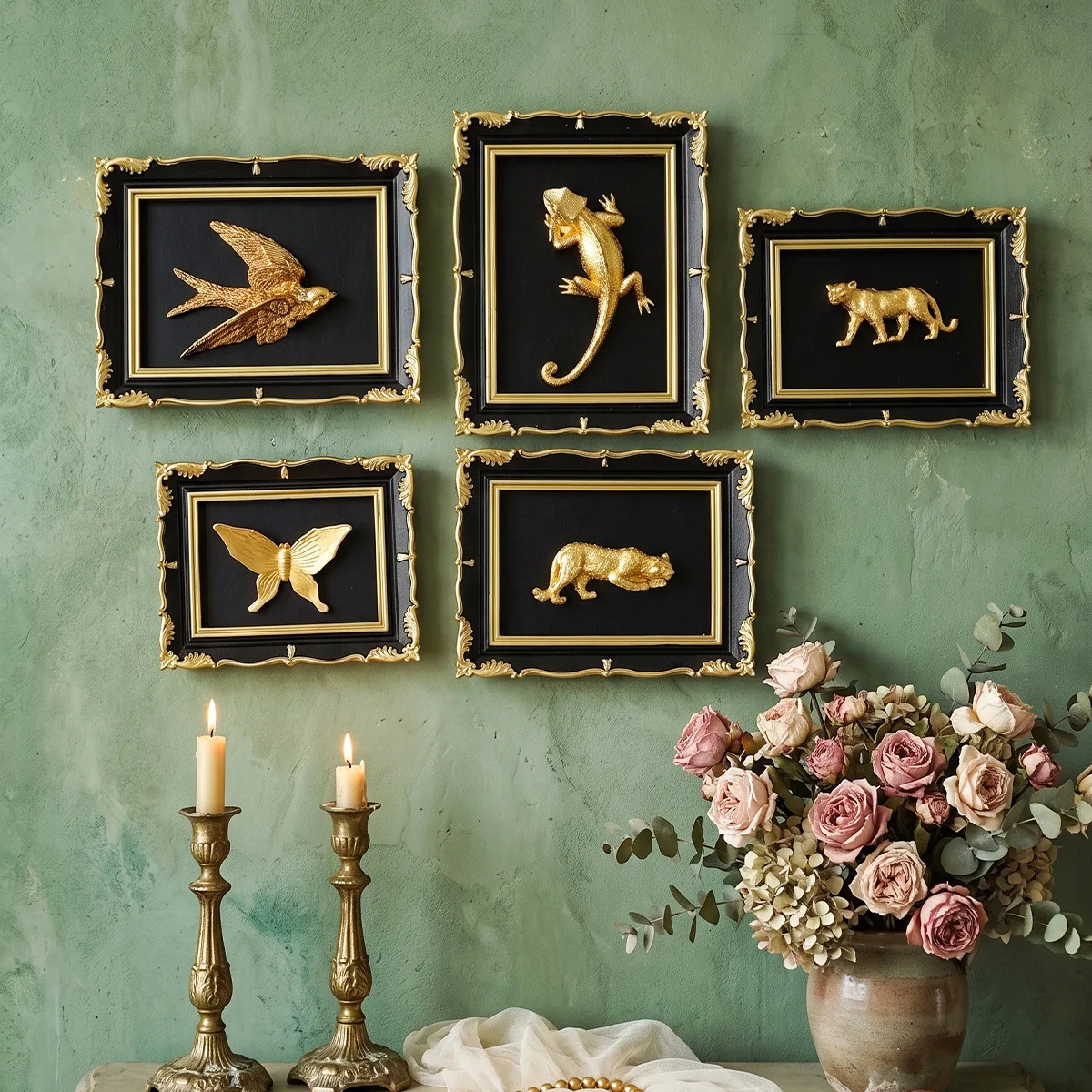 Black Gold Frame 3D Gold Resin Animal Wall Decoration Carved Swallow Butterfly Lizard Leopard Relief Wall Luxury Wall Decoration