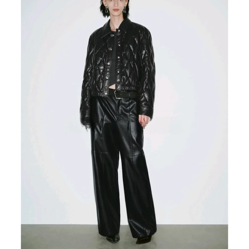 

Modern Sle Single-Button Long-Sve Quilted Collar Cotton Jaet ort PU Leather Simulation Women's Outerwear New Summer