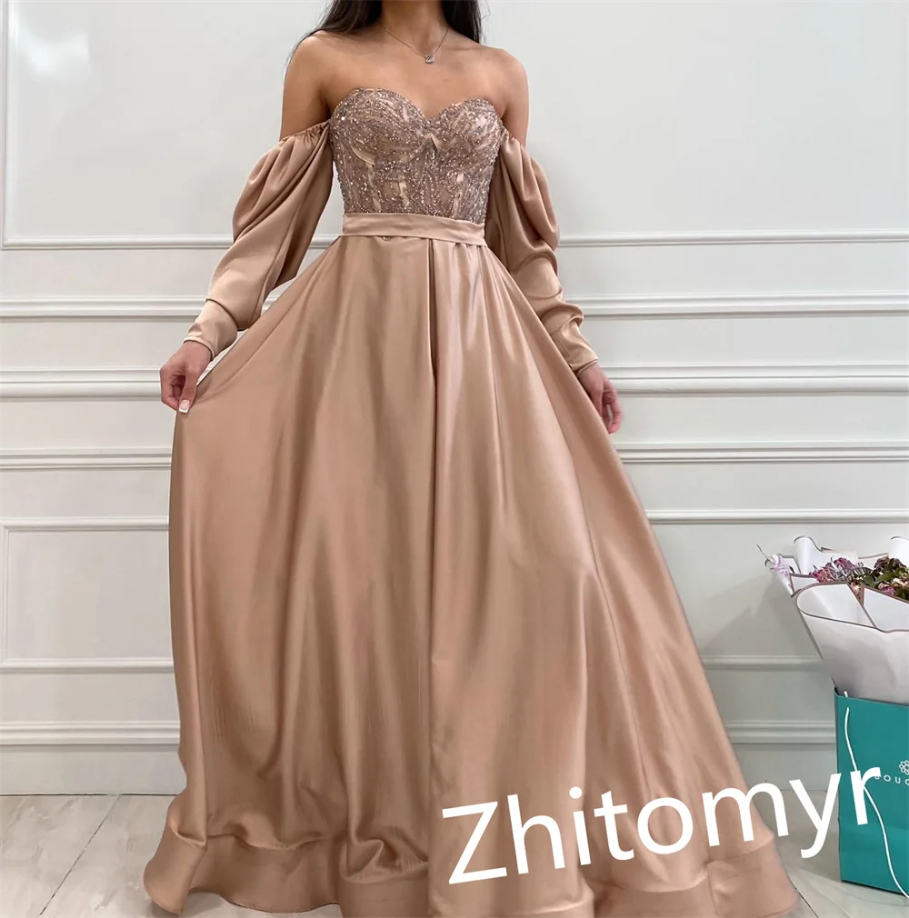 Exquisite High Quality	Poretrait A-line Floor Length Evening Dresses Formal Ocassion Gown Beading Satin vestidos elegantes