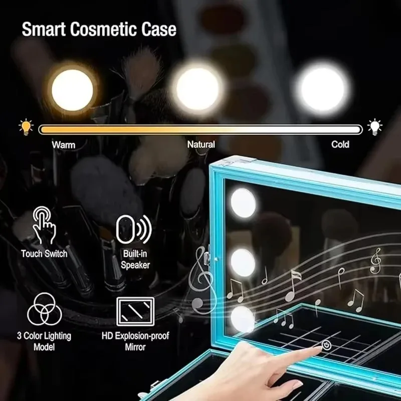 

Portable, foldable manicure table with speaker, ideal as a teaching desk and travel organizer cart for makeup and nails.