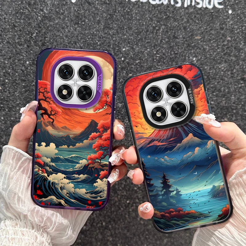 Sunrise Volcano For Xiaomi 13 14T Redmi 13C Note 9S 10 12 13 14 Pro Plus POCO X6 M6 X5 C65 K70E IMD Colorful Silver Phone Case