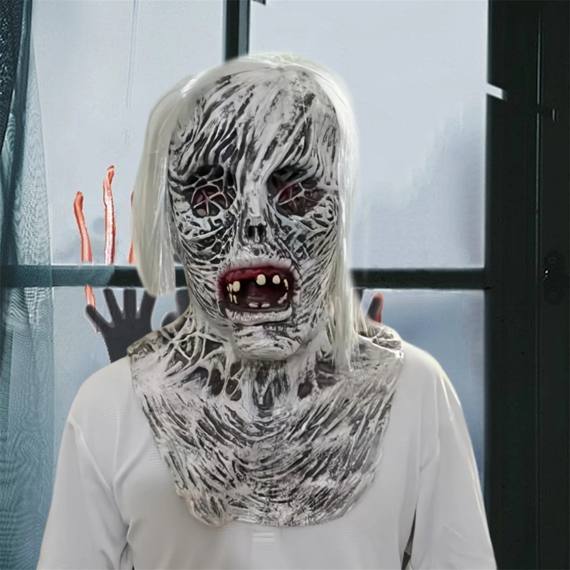 

Жуткая маска для лица с привидениями и черными волосами для Хэллоуина, аксессуары и реквизит для костюмов