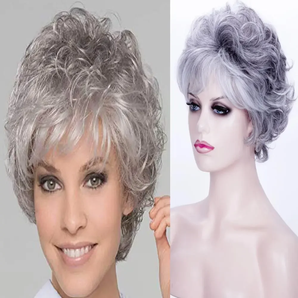 Women\'s Fashion Wig Short Curly Wigs Ombre Gray Hair Natural Short Wavy Hair Wig with Bangs Mommy Wigs Daily Wear Peluca