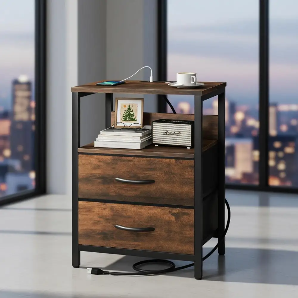 

Compact Charging Nightstand with Fabric Drawers and Storage Shelf for Bedrooms & Small Spaces