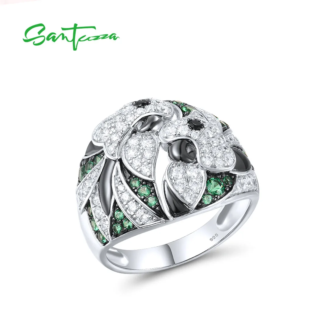 

SANTUZZA Genuine 925 Sterling Silver Rings For Women Black Green Spinel White CZ Gorgeous Flower Elegant Wedding Fine Jewelry