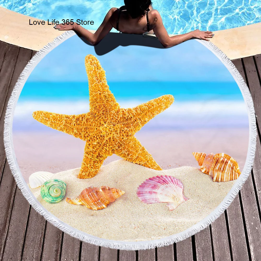 Starfish Round Beach Towels Summer Geometric Thick Bath Towel Microfiber Fabric 150cm Size Swimming Travel Sport Adult Kids