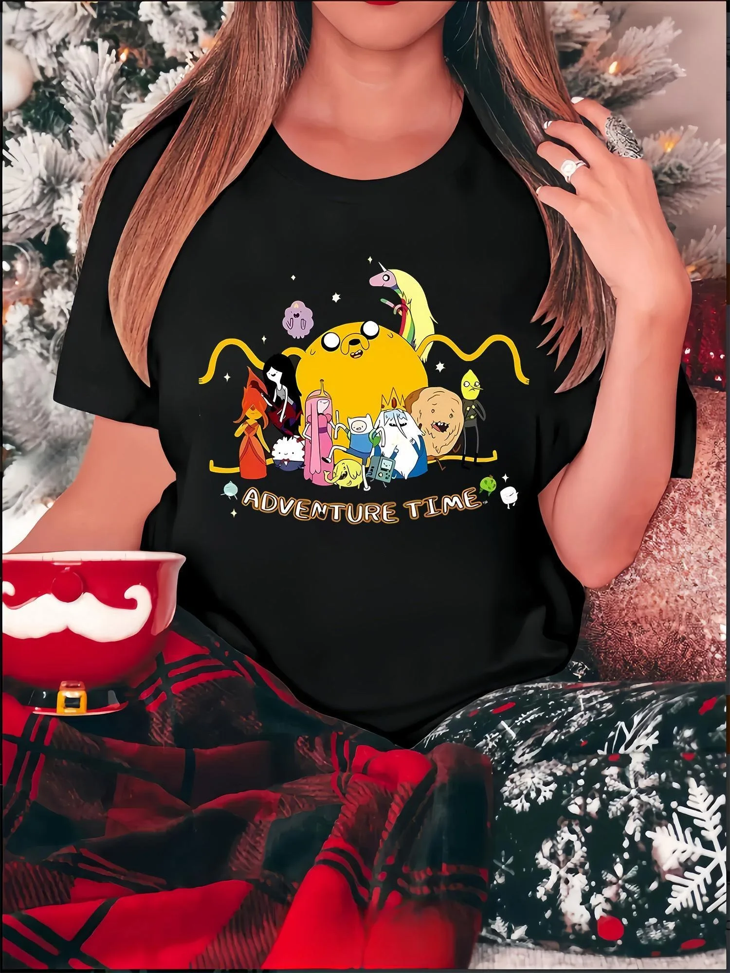 

Adventure Time Cartoon Character Print Casual T-Shirt for WomenKnit Fabric with SpandexCrew NeckShort SleeveAll-Season Wear