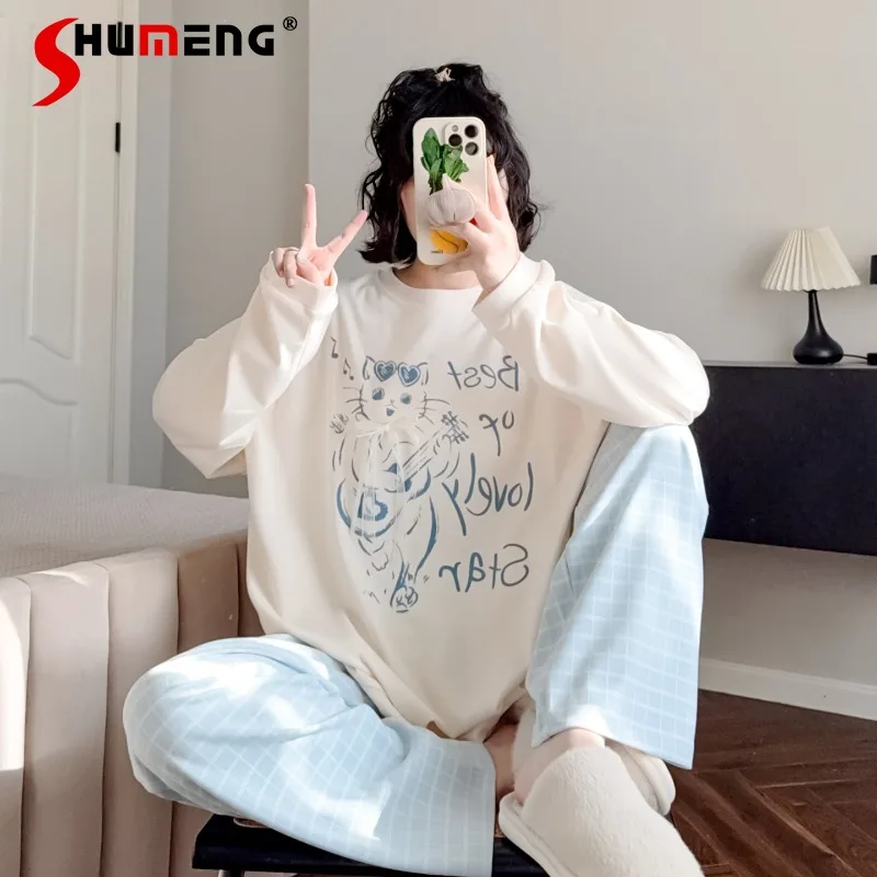 

Velvet Long Sleeve Pajamas for Women Pure Cotton Spring Autumn Long Loungewear Female Sweet Cute Loose Outside Homewear