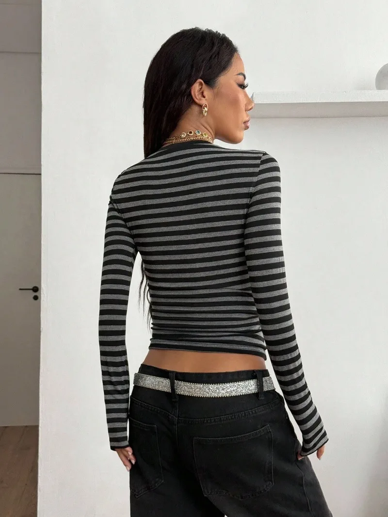 KEXU dames contrasterend gestreept T-shirt met V-hals en lange mouwen herfst winter slanke top tees streetwear