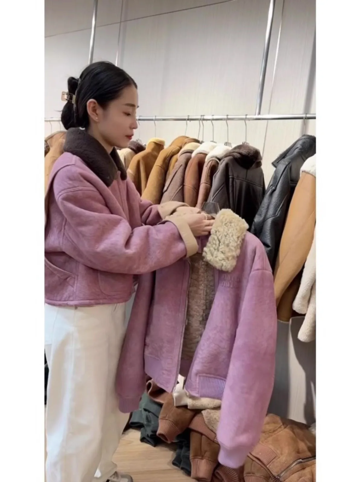 Coreano sle roxo fce forrado pele jaet feminino inverno 2024 novo tamanho pequeno super bonito integrado couro e casaco de pele