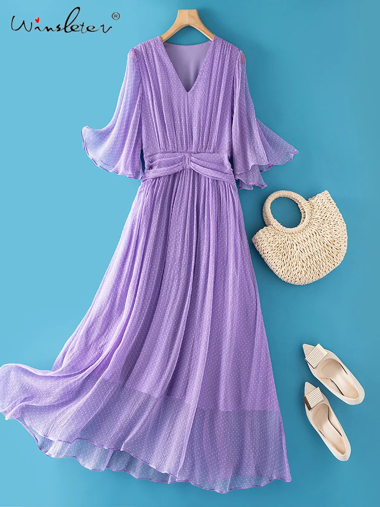 

Winslter,100%Real Silk Elegant Dress,French Style Vacation OL Dresses,Women's V Neck Polka Dots,2024 Spring Summer D45808QM