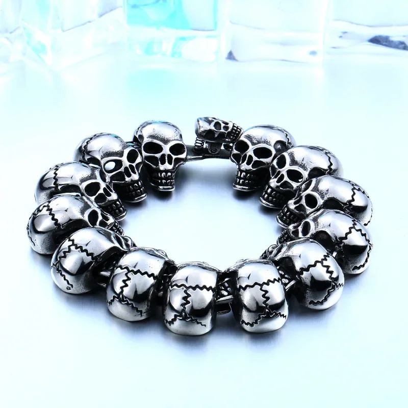 Punk Style Titanium Steel Chain Bracelet Men's Retro Personality Trend Crack Pattern Skull Bracelet Jewelry Accessories