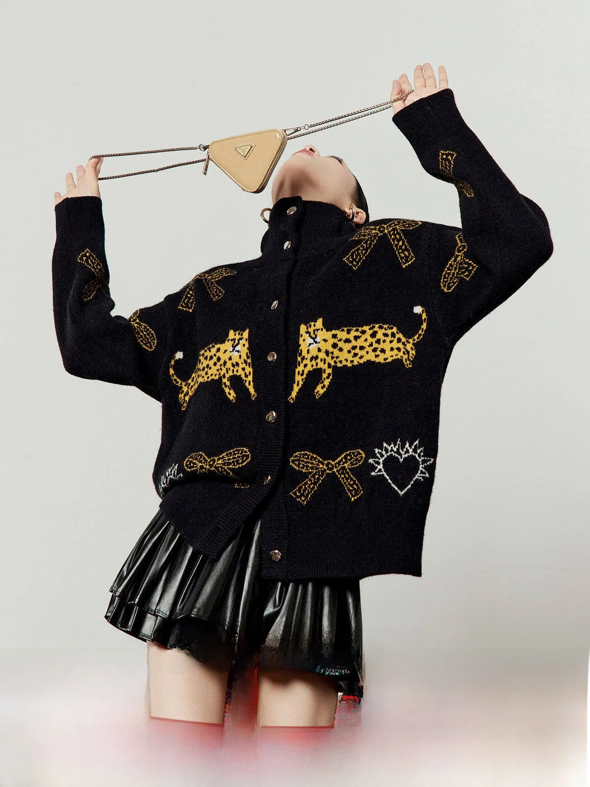 

Black Open Cardigan Women's Loose Knitted Jacket Stand Collar Long Sleeve Autumn Winter Fashion Casual Style Two-Piece Set