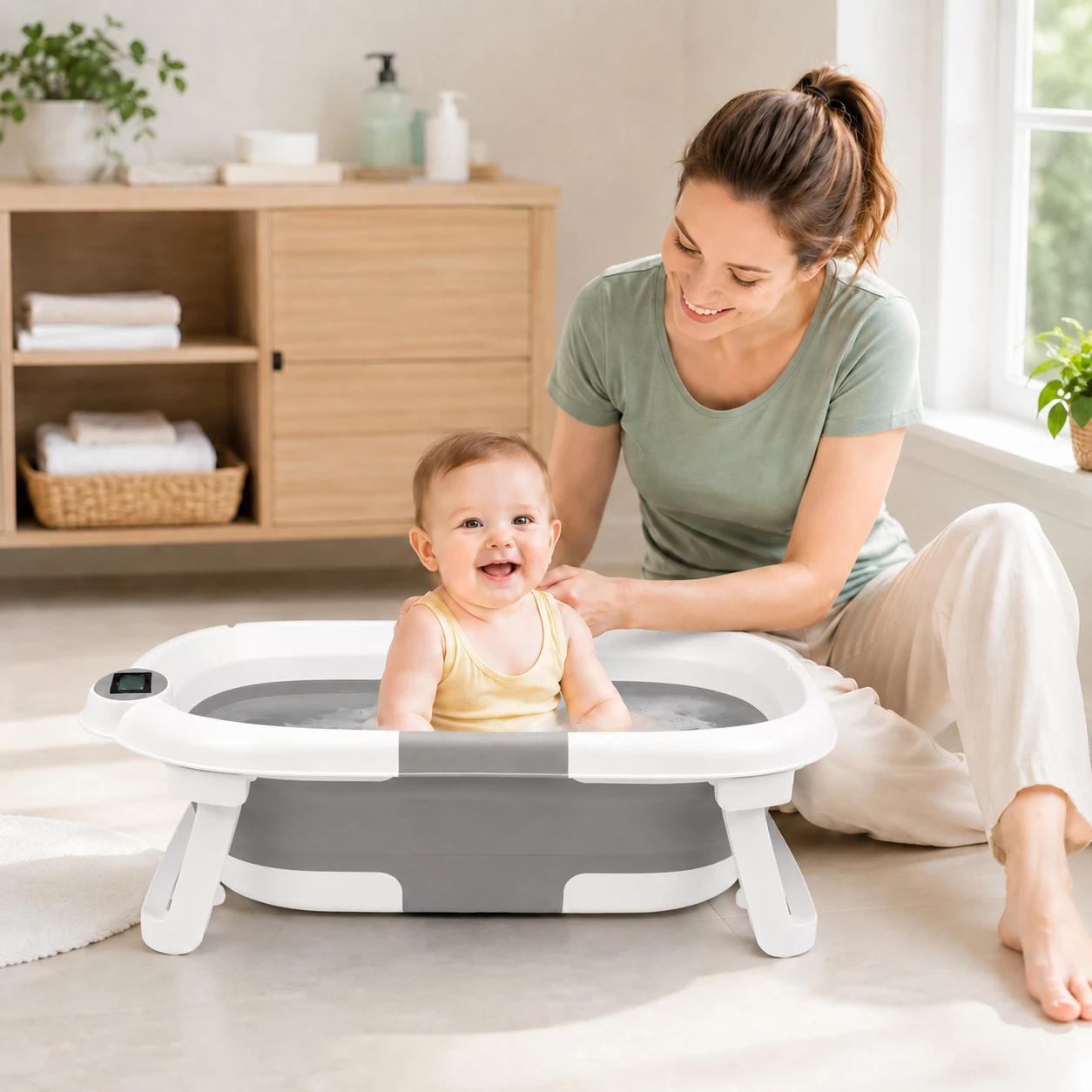 Baby Bathtub for Infants to Toddler, with Soft Cushion & Thermometer, Foldable Baby Bathtub, Portable Travel Baby Tub for Newborn