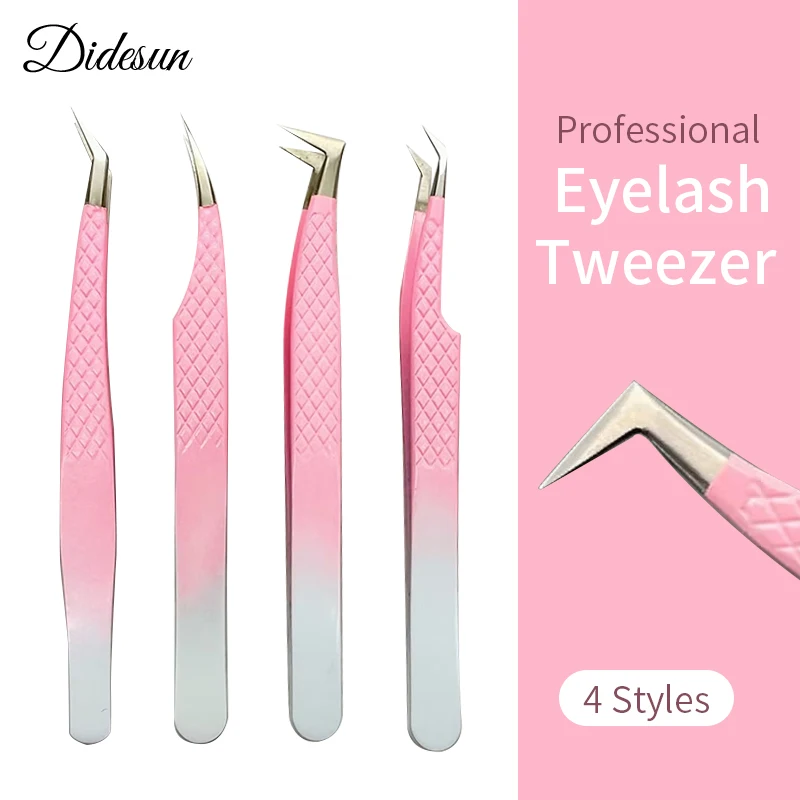 Didesun Fiber Tip Tweezers for Eyelash Extension Pink Stainless Steel High Precision Lash Tweezers for Volume Fans Makeup Tools