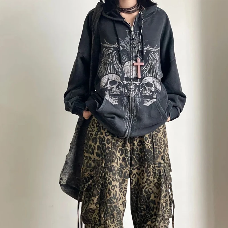 Skeleton Print Women Long Sleeve Hooded Zipper Cardigan Sweatshirt Autumn Winter Dark Y2k Gothic Loose Clothing Unisex Halloween
