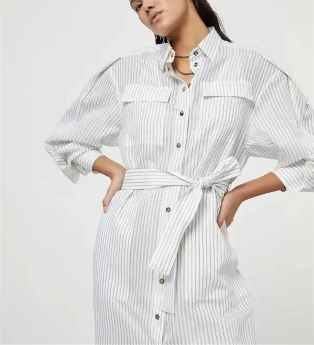 Women'S Striped Shirt Dress Polo Collar lLong-Sleeved Lace-up Mid-Mength Dresses Two-Piece Set