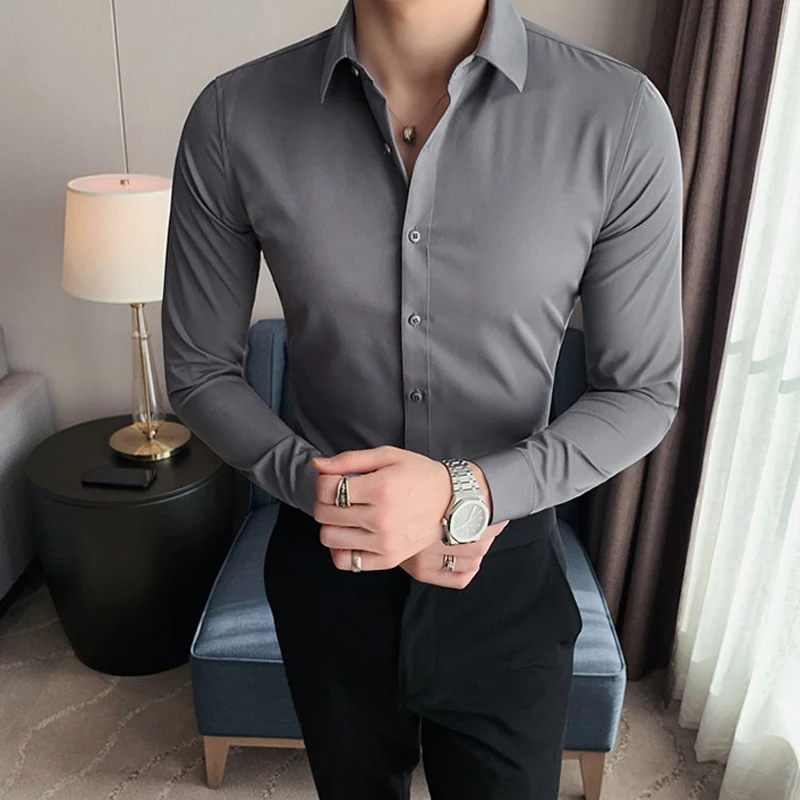 Men Turn-Down Collar Tuxedo Shirt Long Sleeve Regular Fit Button Down Wedding Dress Shirts Black White Gray 5XL 6XL 7XL