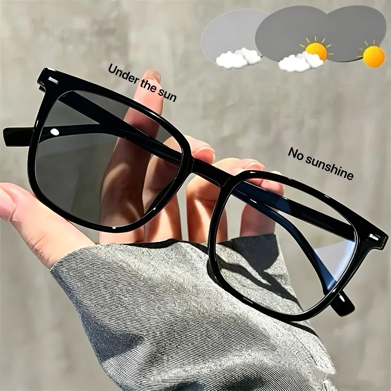 1‑Pack Photochromic Decorative Eyeglasses, Auto Gray‑Tint Lenses, Light Glossy Frame, Plain Lenses for Daily Screen Protection