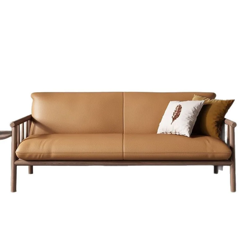 

Nordic Japanese-style solid wood leather sofa small apartment modern simple living room bedroom three double log wind small sofa