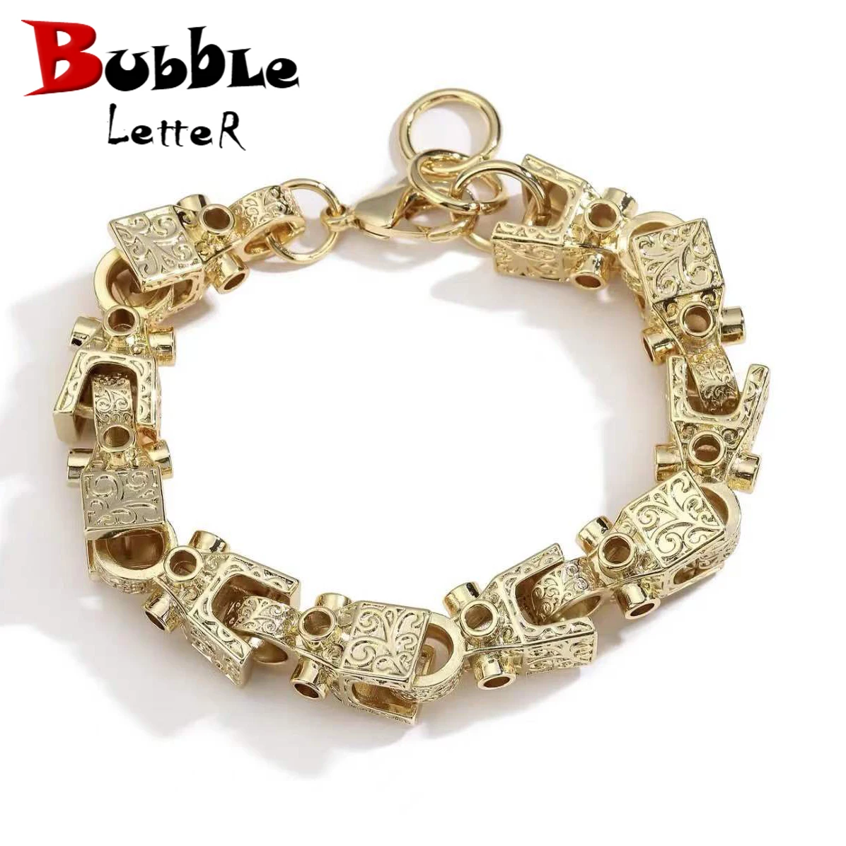 Bubbble Letter 3D Block Cuban Link Bracelet for Men Real Copper Gold Plated Lobster Clasp Hip Hop Jewelry