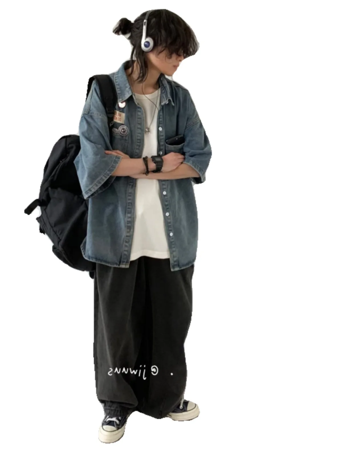 American Cityboy Washed Denim Short Sleeved Shirt Men's Versatile Loose Fitting Shirt Denim Jacket Trendy Coat - Image 5