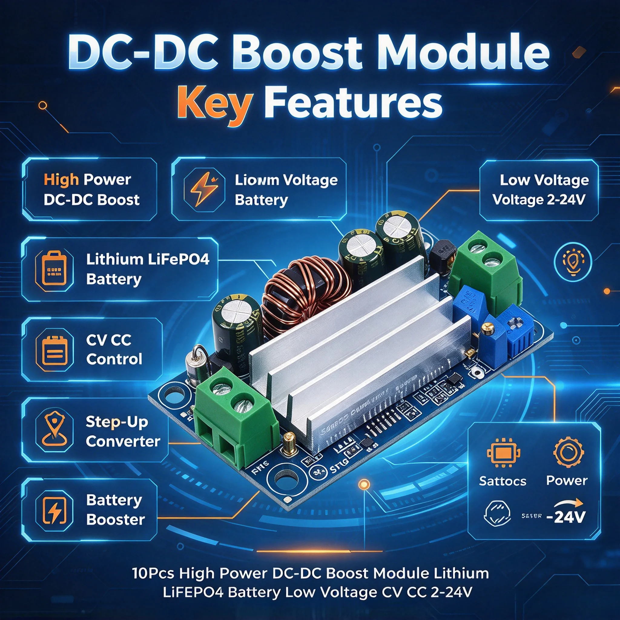 10Pcs High Power DC-DC Boost Module Lithium LiFePO4 Battery Low Voltage CV CC 2-24V