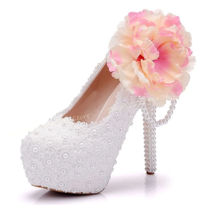 White Flower Pearl Platform Pumps Round Toe String Band High Heel Women Autumn Dress Big Size Shoes 2023 Zapatos Para Mujere