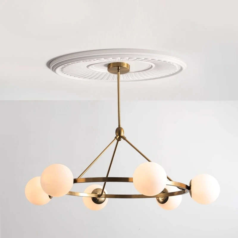 

Nordic Gold Ring-shaped Wrought Iron Ceiling Pendant Light White Glass Ball Chandelier Living Room Hotel Restaurant Hanging Lamp