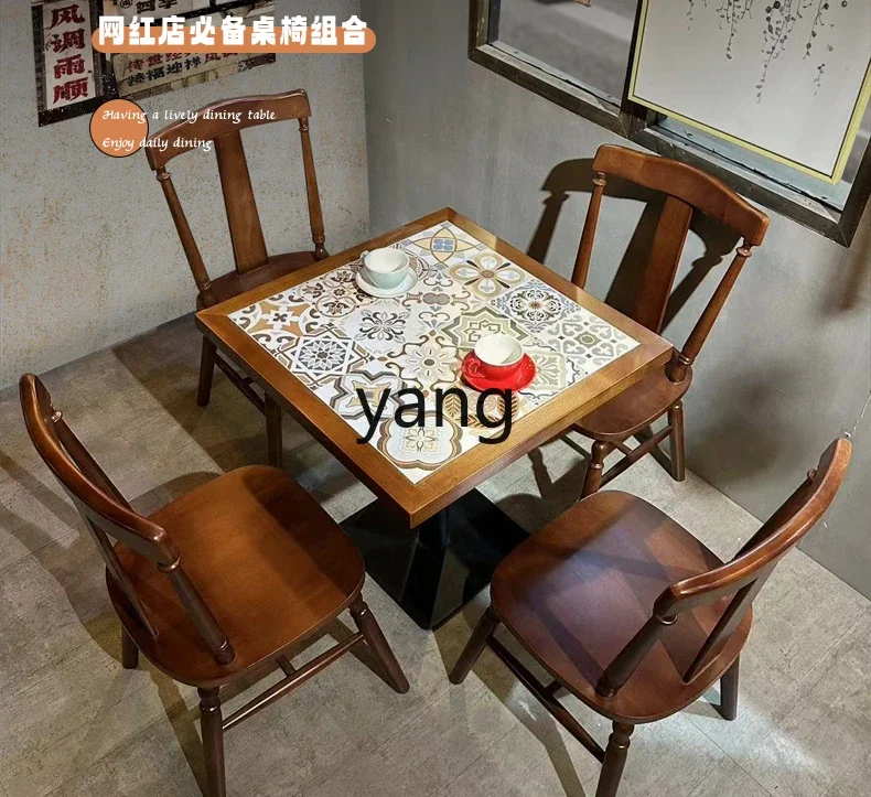 LMMcafe tables and chairs solid wood retro catering hot pot baking dessert shop bar table commercial