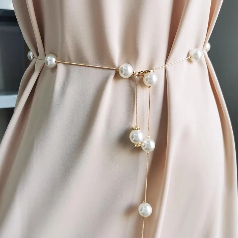 

Elegant Pearl Women's Belt Simple Adjustable Metal Thin Chain Belt For Ladies Dress Skinny Waistband Decorative Jewelry