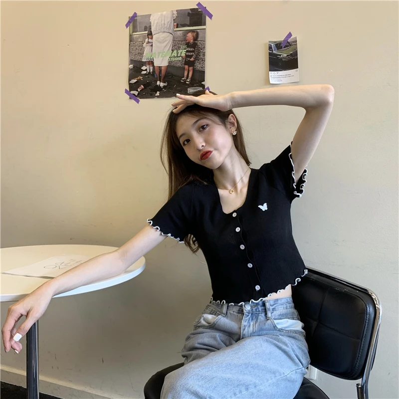 夏の新作カーディガン レディース シック ポリエステル プリント カジュアル ハイウエスト スリム 韓国風 Oネック ボタン ニット クロップドカーディガン