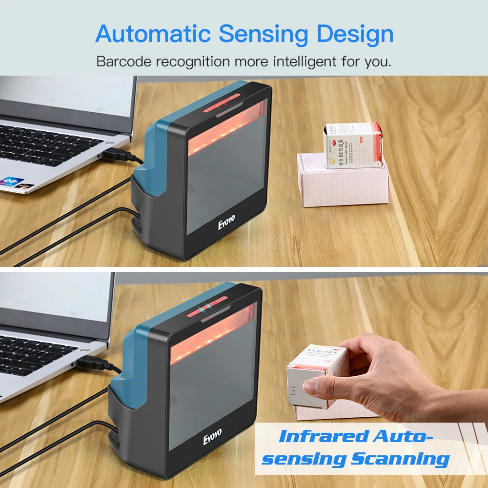 Imagem -05 - Eyoyo 2d Desktop Barcode Scanner Mãos-livres Omnidirecionais 1d Usb Wired Table Leitor de Código de Barras Pdf417 qr