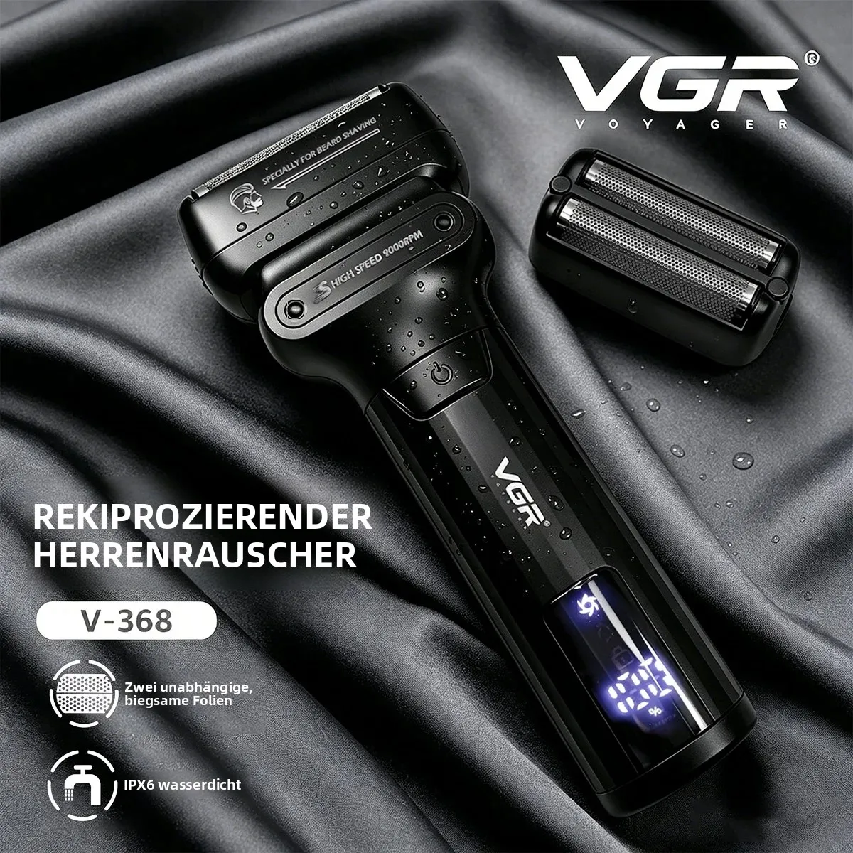 VGR Rasierer Professionell Barttrimmer Elektrisch 9000 U/min Barbier Tragbar Rasiergerät Vibrationsrasierer LED Herrenrasierer V-368